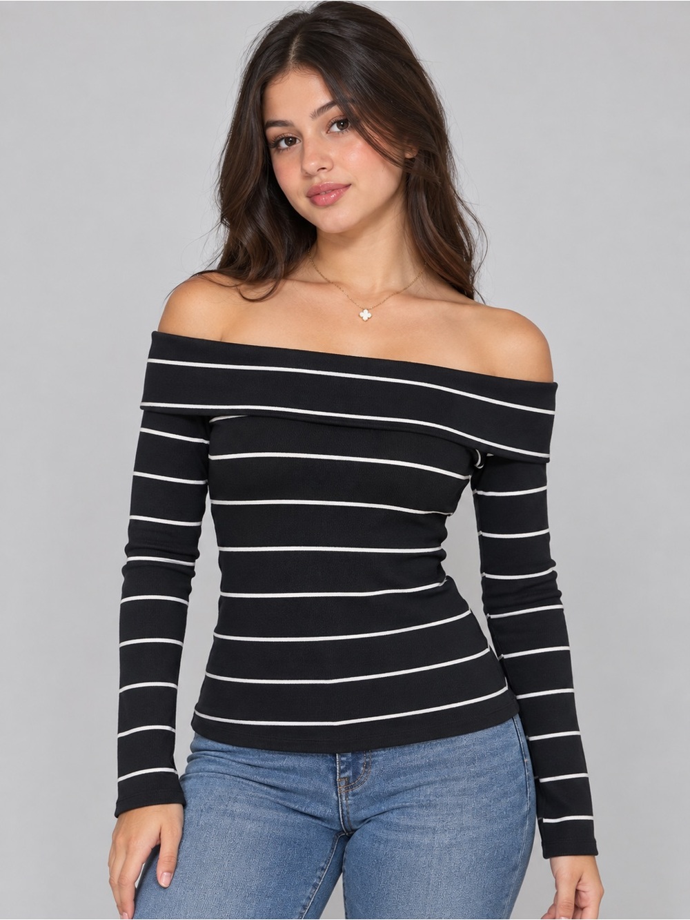 Zara Black & White Striped Off-Shoulder Sweater